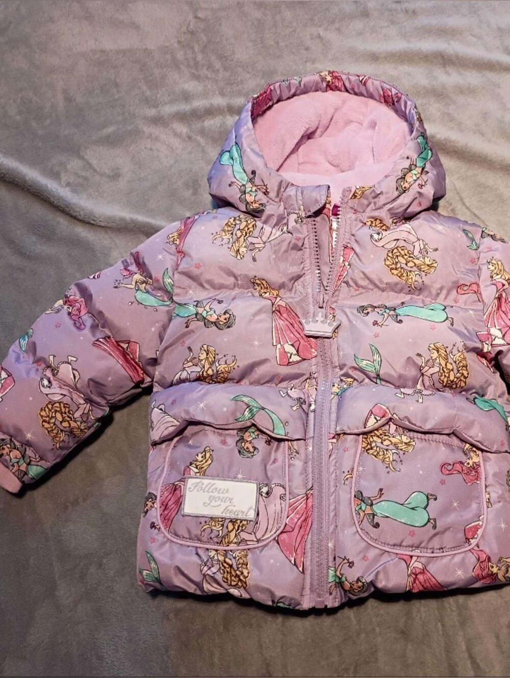 Girls' 2T Disney Princess Print Puffer Jacket with Hood